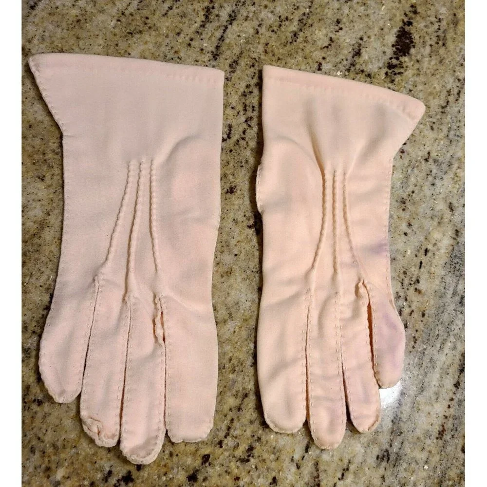 Vintage Shalimar Nylon Pink Stitched Gloves Size 7 1/2. Philipines. Read